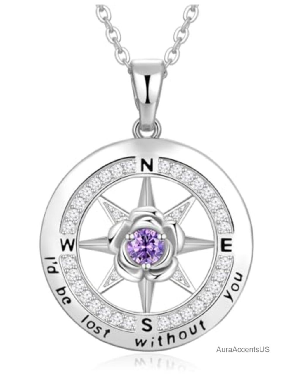 925 Sterling Silver Compass Pendant Necklace Cubic Zirconia Gift for Her